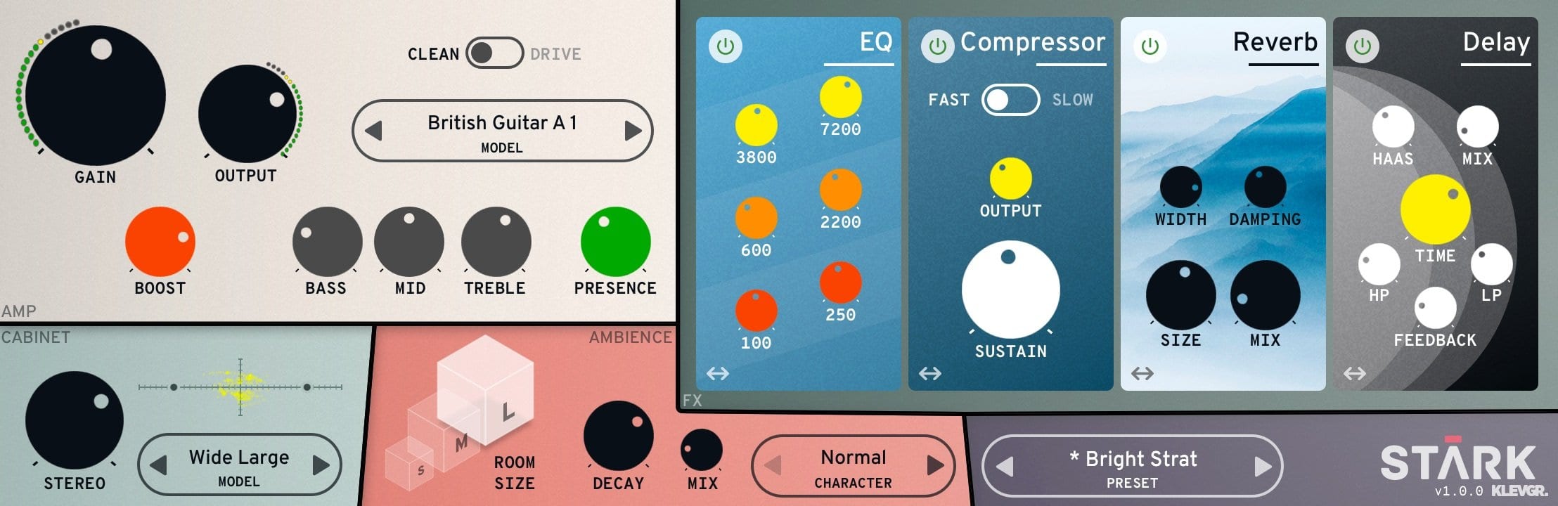 Klevgrand Stark tiene una interfaz gráfica de usuario minimalista y te permite concentrarte en la creación de sonidos de guitarra.